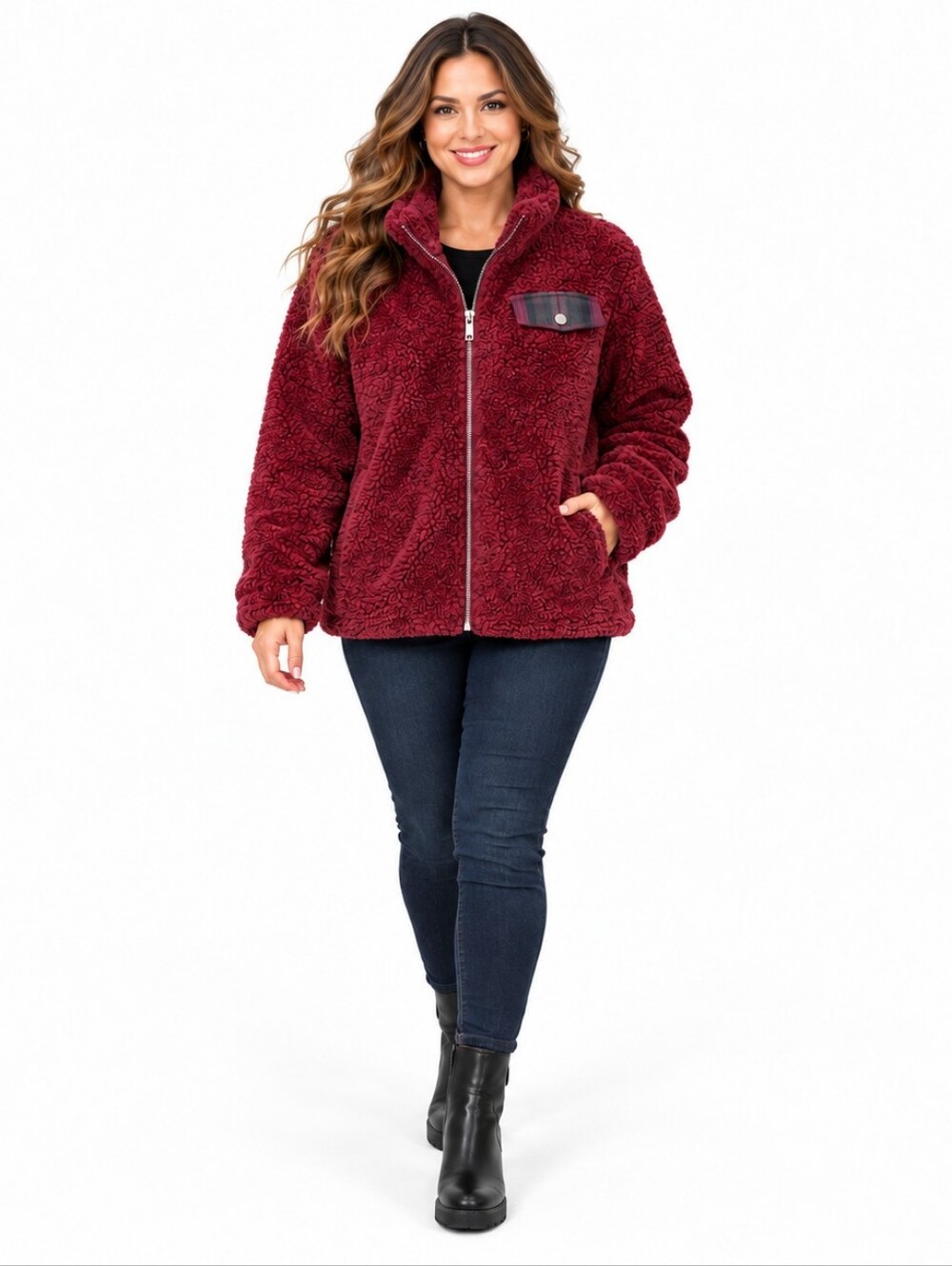 Pendleton Size Small Maroon Sherpa Fleece Jacket Plaid Wool Blend Oversized NWT